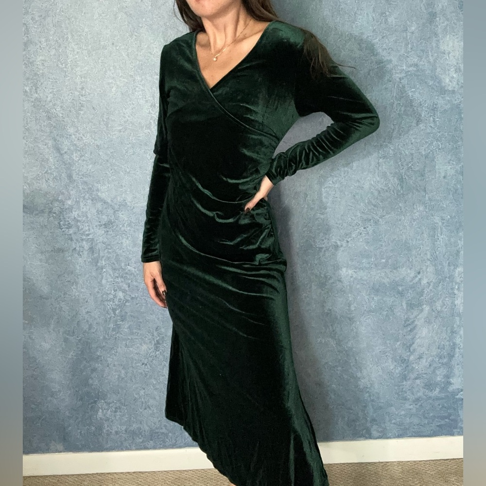 Elegant Green Velvet Faux Wrap Dress